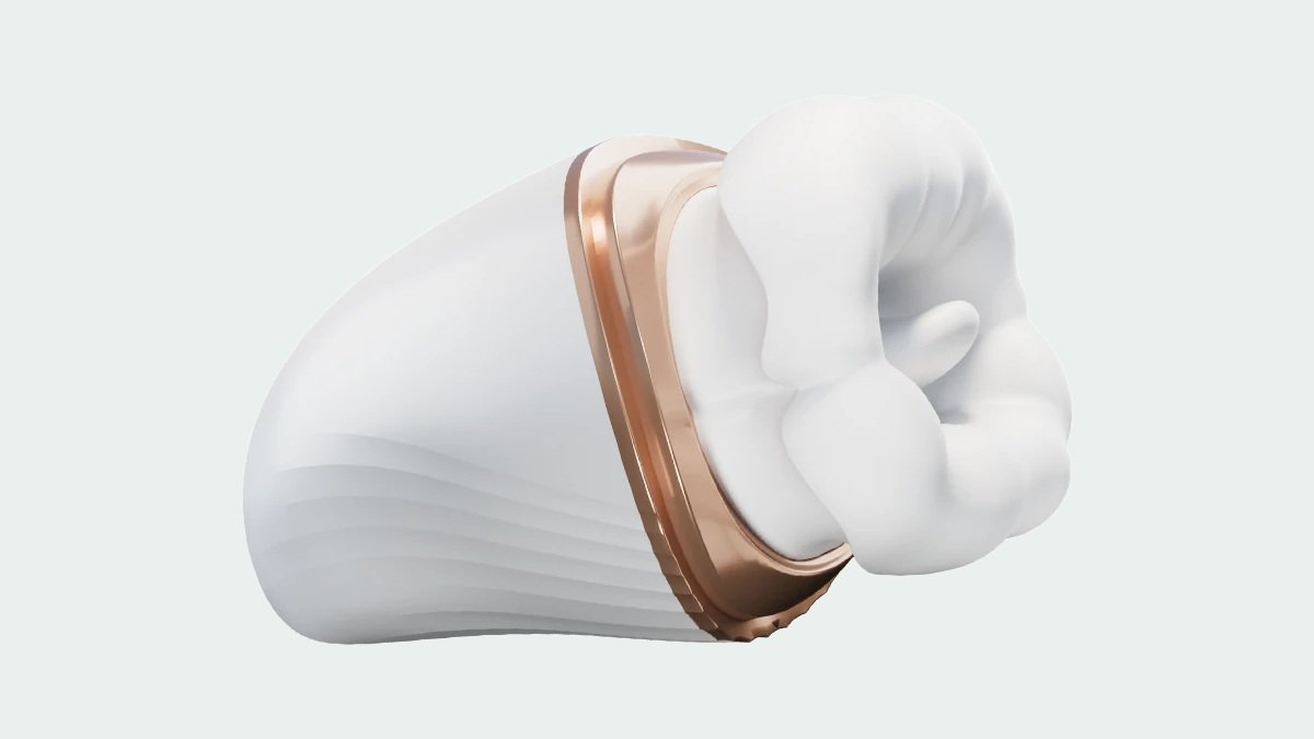 DESIVARA Nectar Bloom white and gold suction vibrator, full product profile