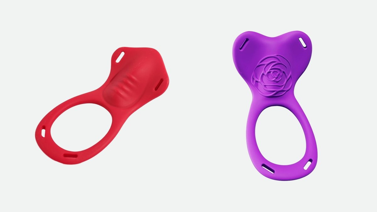 DESIVARA Crimson Sprite and Amethyst Bloom wearable vibrators, side by side